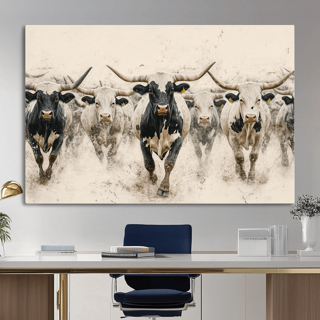 Texas Longhorn Wall Art | Framed Cattle Walking Canvas