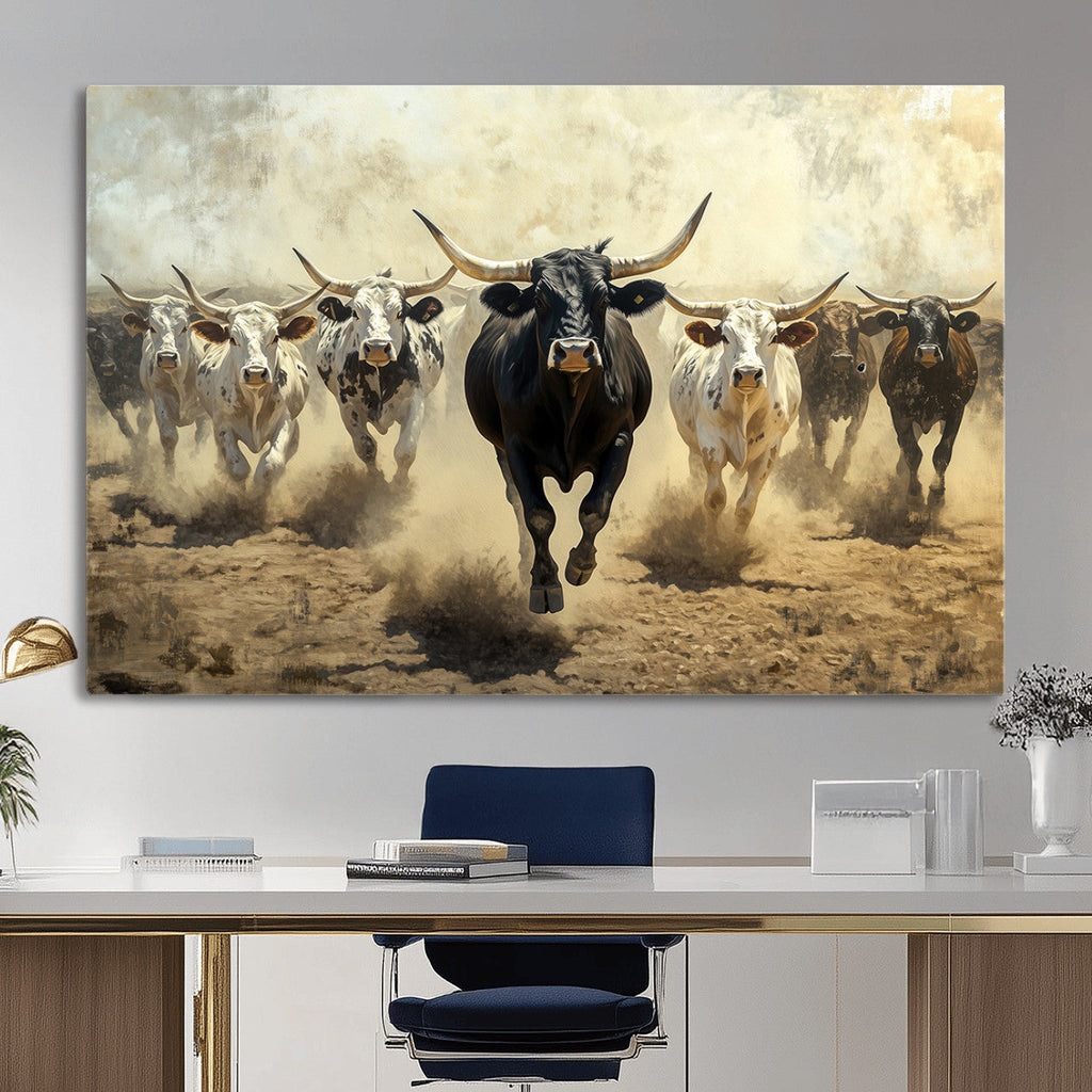 Texas Longhorn Wall Art | Framed Charging Cattle Canvas