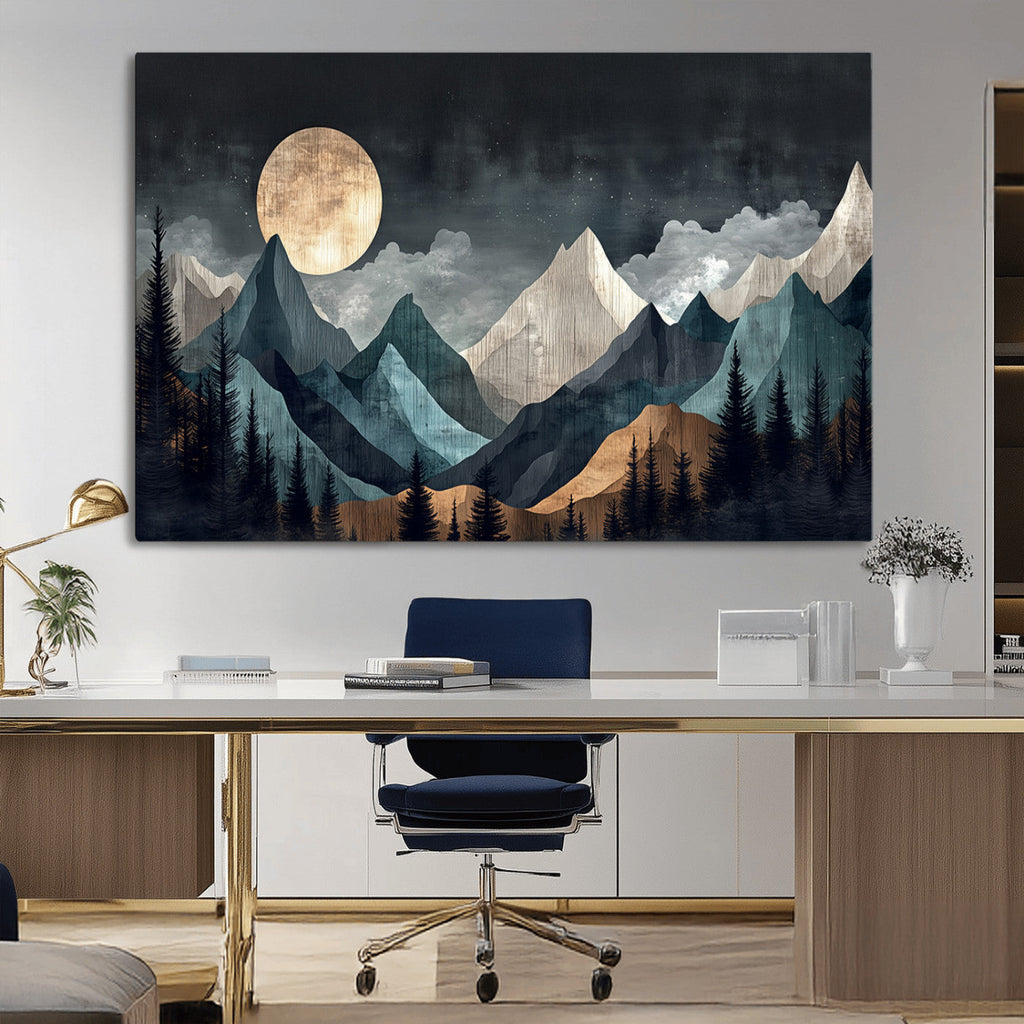 Moonlit Mountain Wall Art Canvas Print, Framed Silhouetted Pines Art, Layered Peaks Rustic Decor