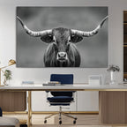 Texas Longhorn Wall Art Canvas Print, Framed Western Bull Photography, Rustic Log Cabin Decor