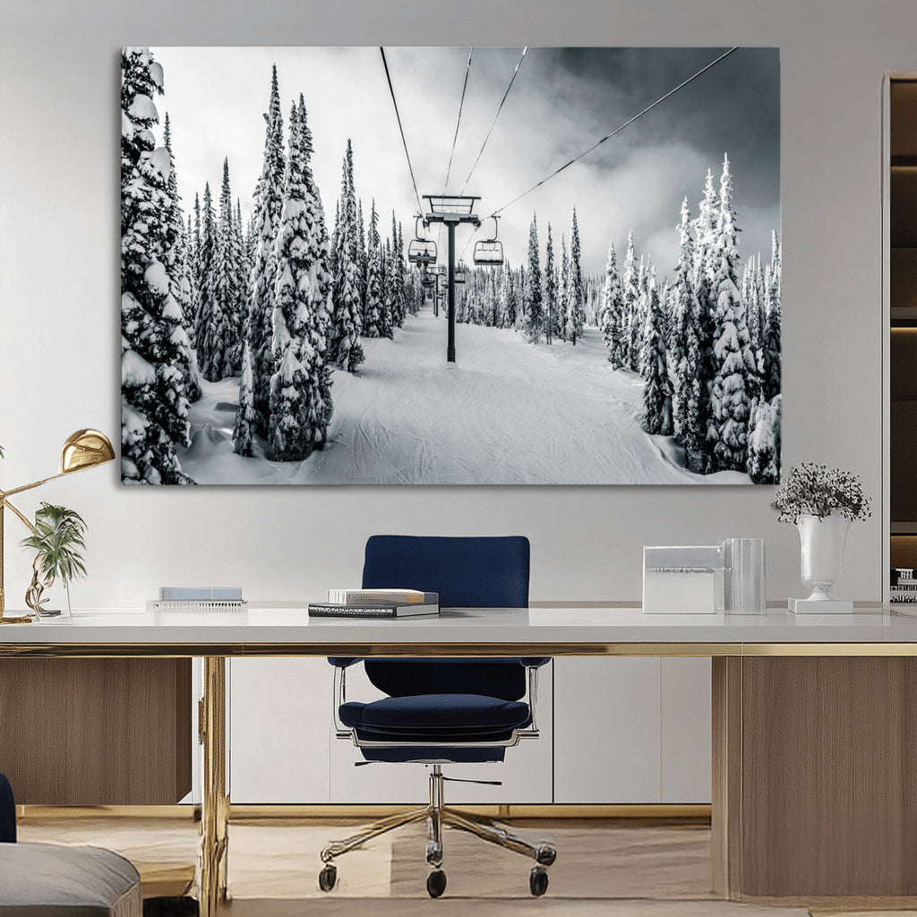 Snowy Pines Wall Art Canvas Print | Ski Lift in a Winter Forest