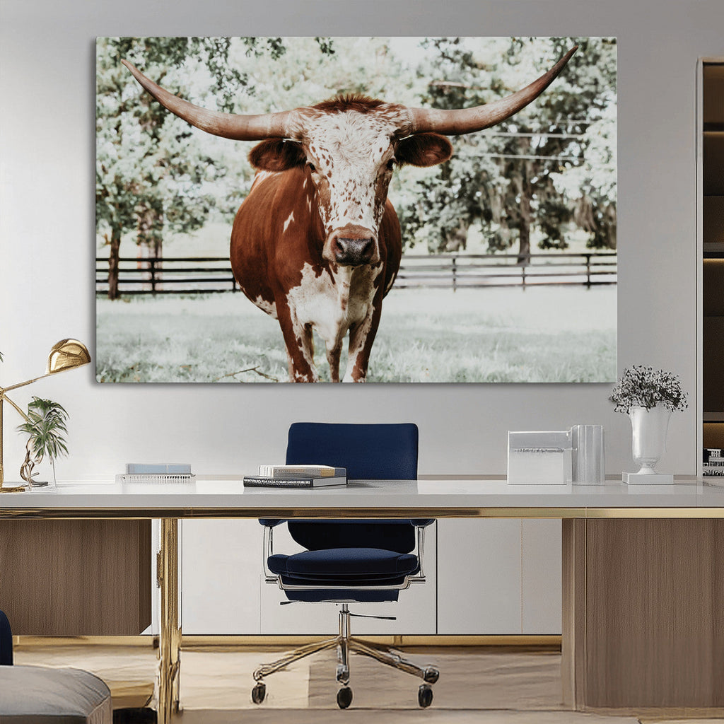 Texas Longhorn Wall Art Canvas Print | Framed Spotted Brown and White Bull