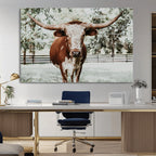 Texas Longhorn Wall Art Canvas Print | Framed Spotted Brown and White Bull