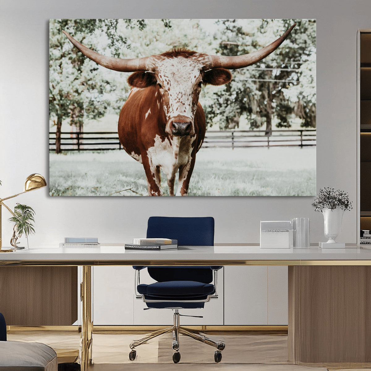 Texas Longhorn Wall Art Canvas Print | Framed Spotted Brown and White Bull