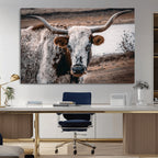 Texas Longhorn Wall Art Canvas Print | Framed Brown and White Spotted Longhorn