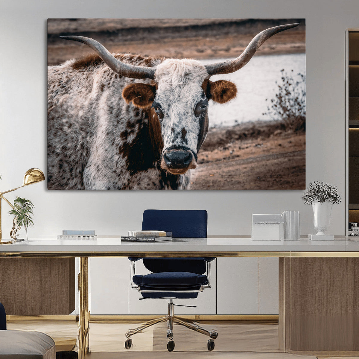 Texas Longhorn Wall Art Canvas Print | Framed Brown and White Spotted Longhorn