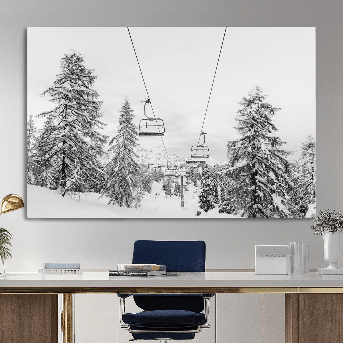 Snowy Ski Lift Wall Art | Framed Winter Forest Canvas