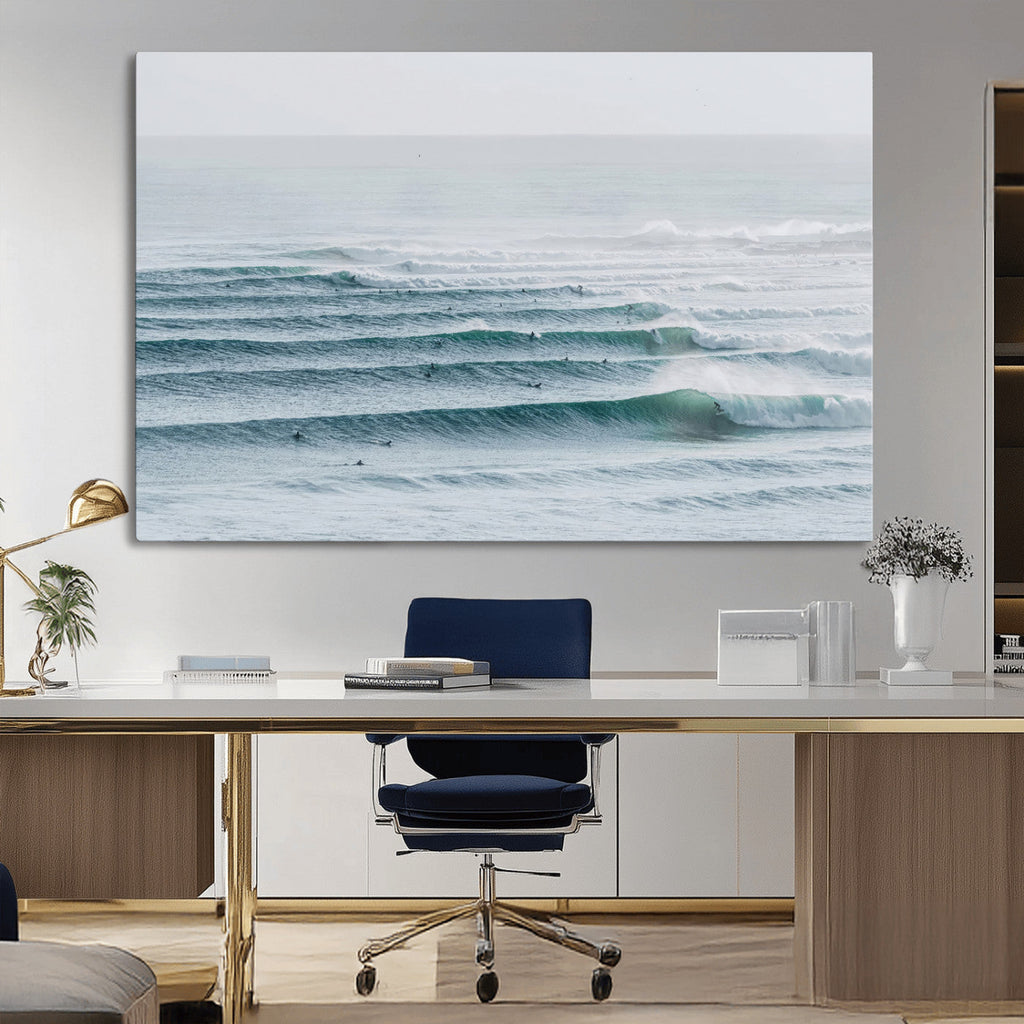 Ocean Waves Wall Art Canvas Print, Framed Surfer Lineup on a Crowded Ocean