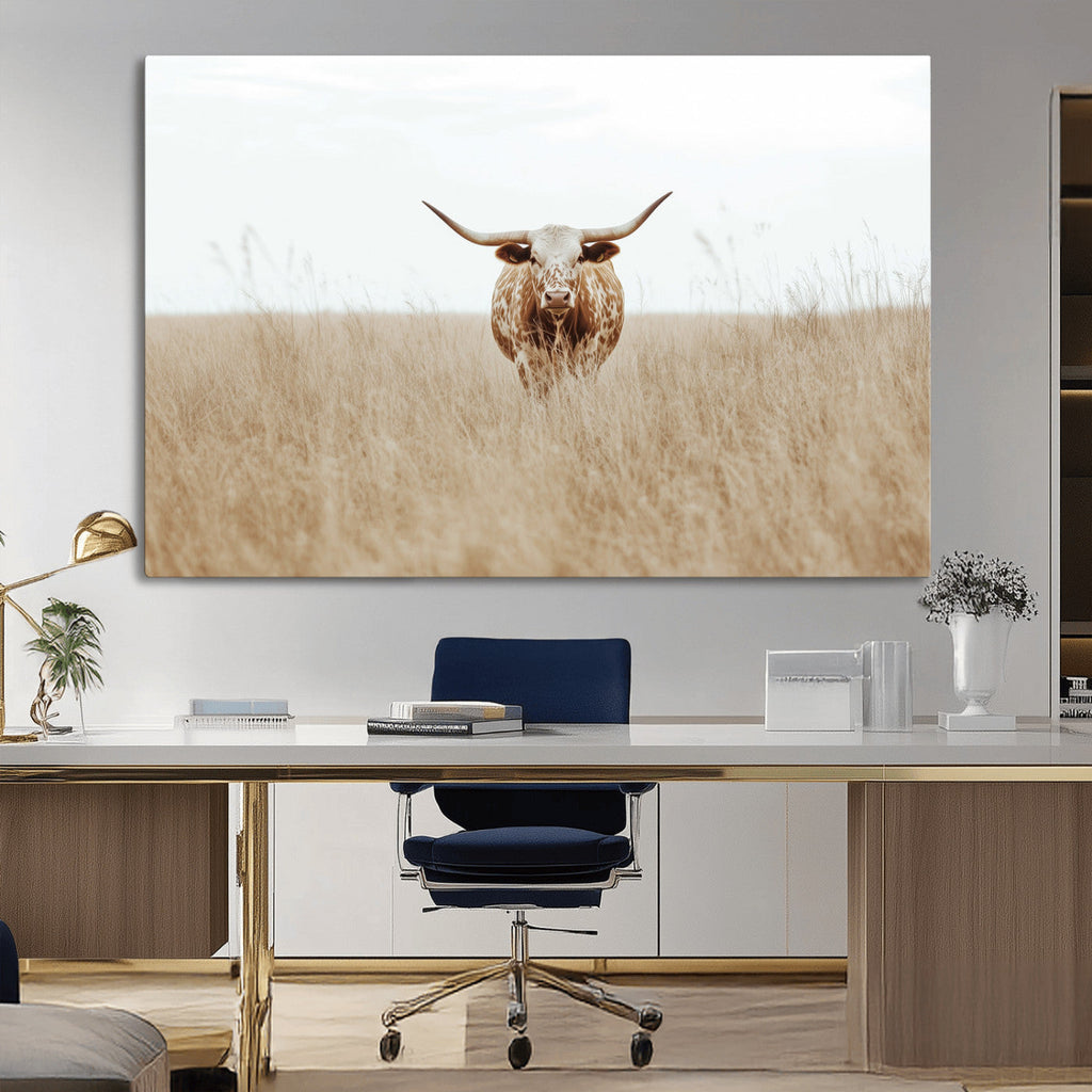 Texas Longhorn Wall Art Canvas Print, Framed Lone Cattle and Longhorn Bull Scene