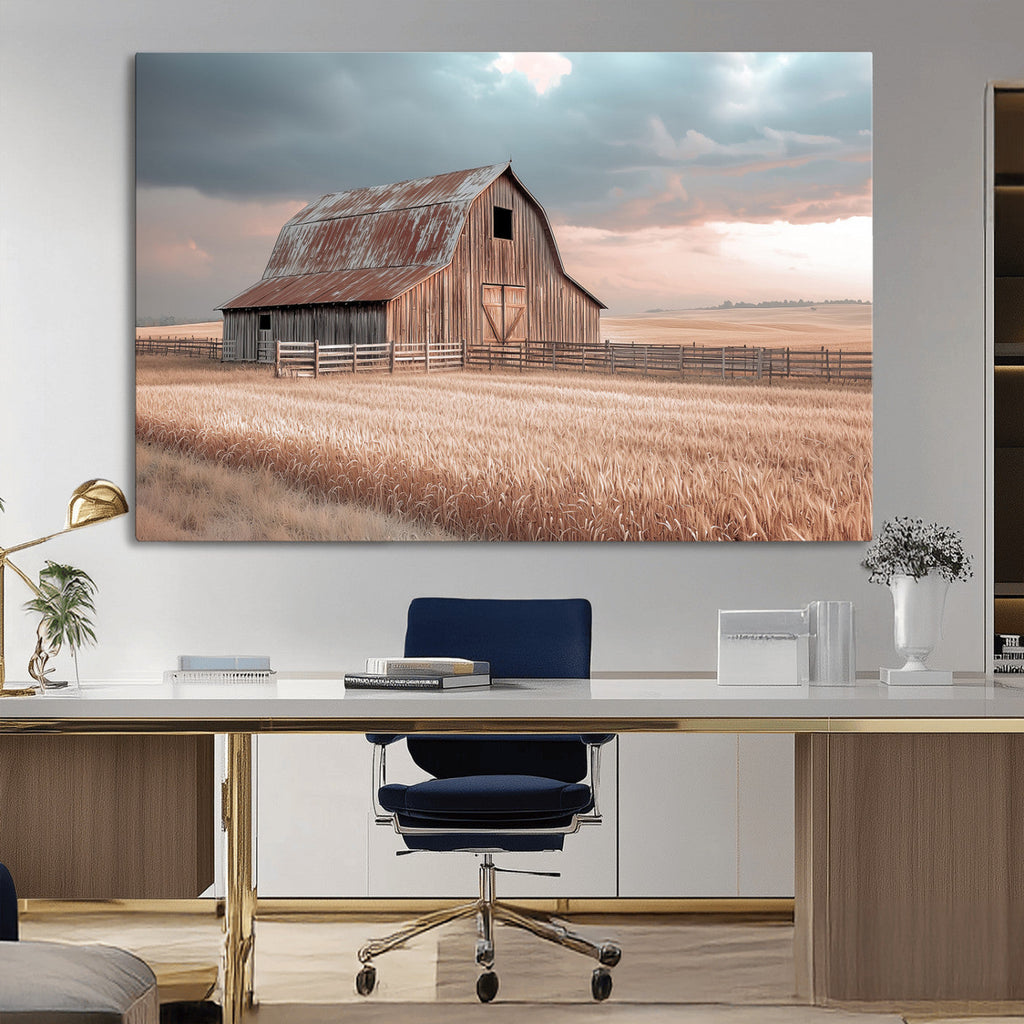 Rustic Barn Wall Art Canvas Print, Framed Wheat Field Scene