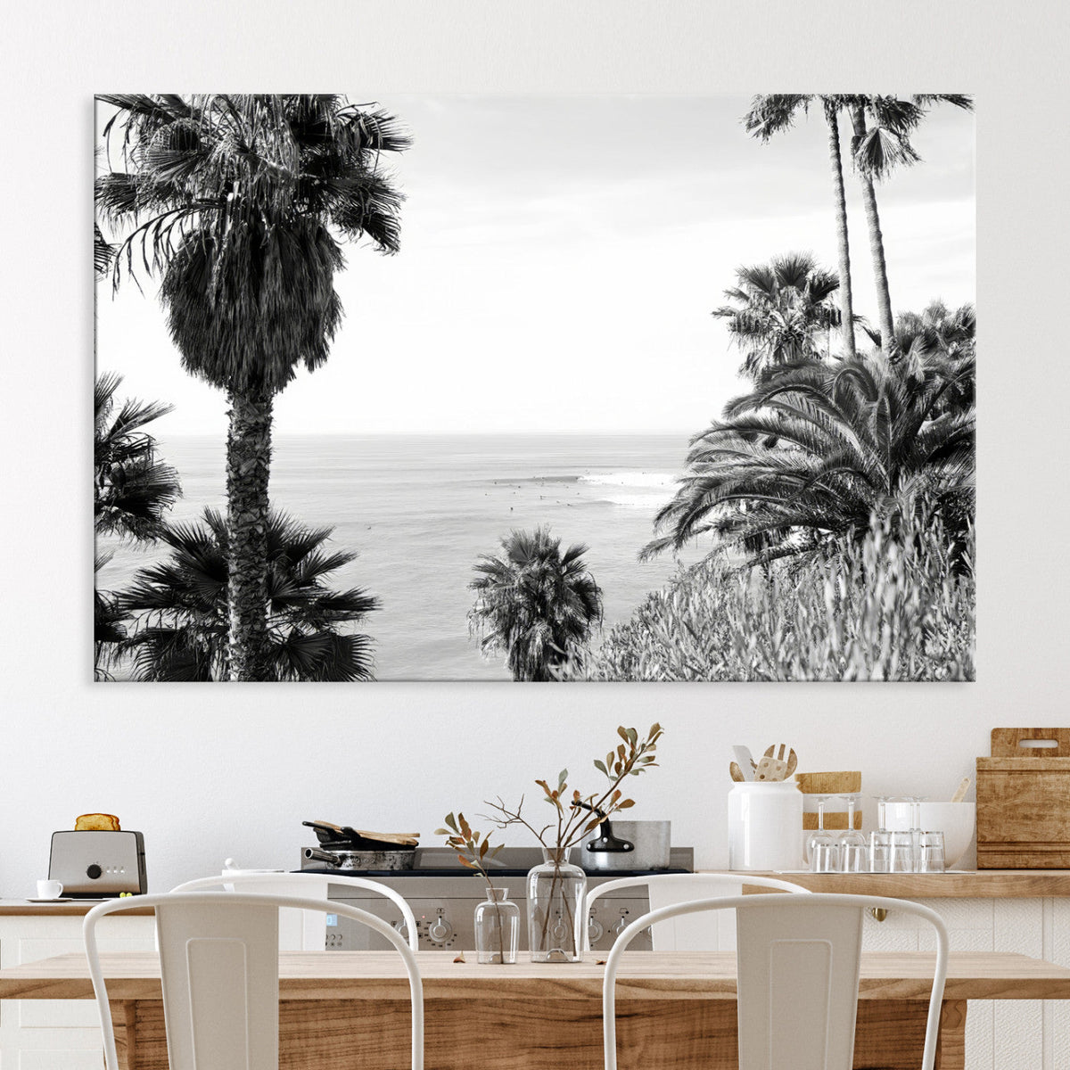Palm Trees Wall Art Canvas Print, Framed Coastal Ocean Horizon Monochrome Art