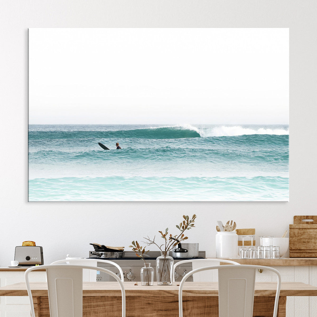 Surfing Wall Art Canvas Print, Framed Minimalist Ocean Waves Beach Art