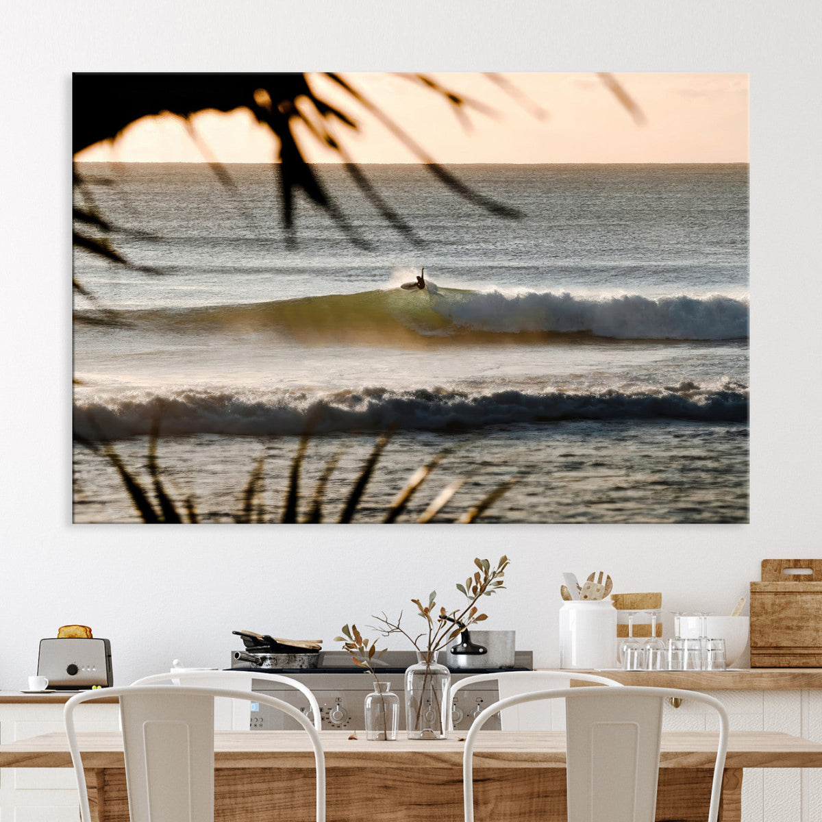 Sunset Surf Wall Art Canvas Print, Framed Golden Hour Waves Boho Beach Art