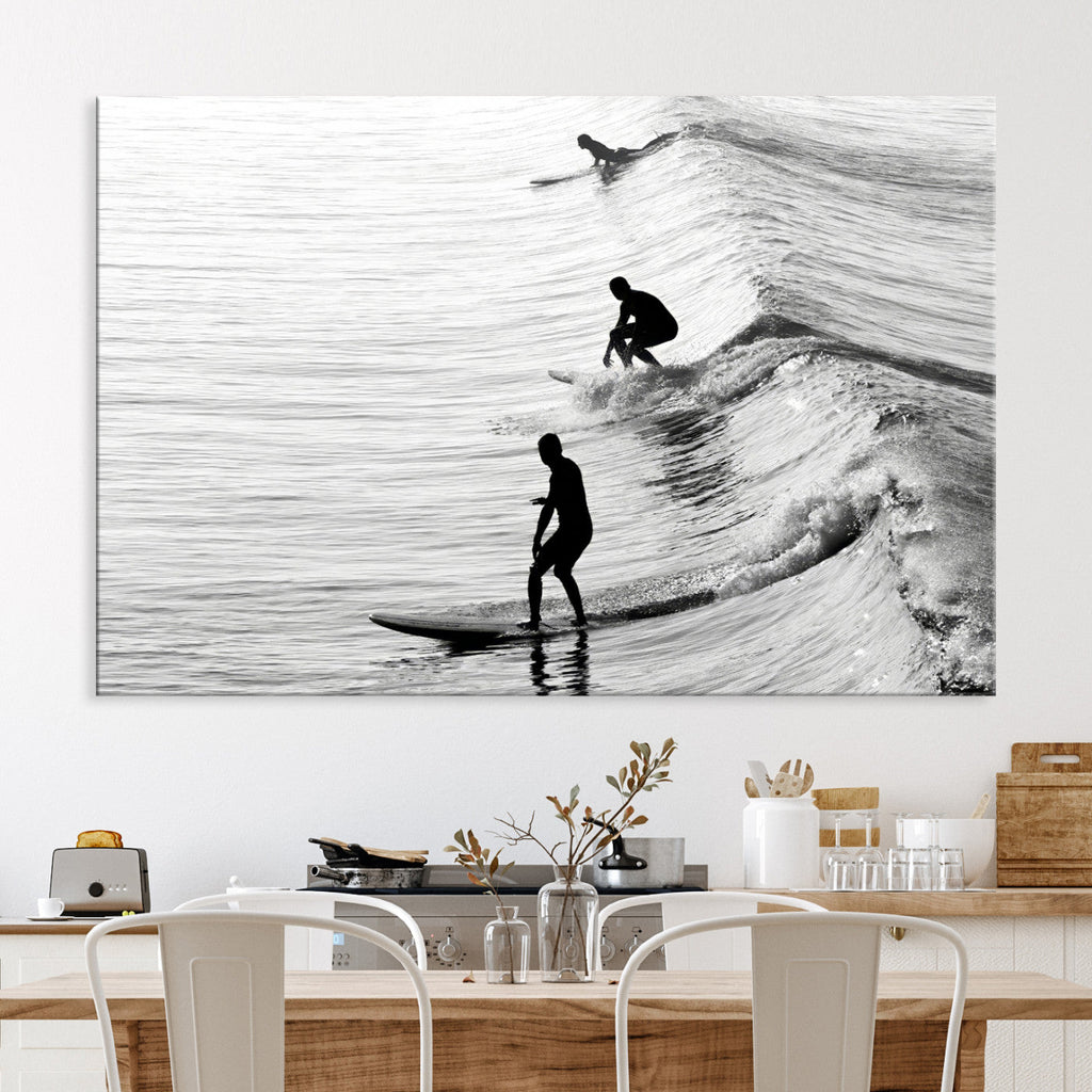 Surfers on Waves Wall Art Canvas Print | Framed Black and White Surf