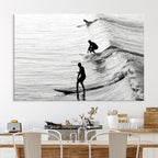 Surfers on Waves Wall Art Canvas Print | Framed Black and White Surf