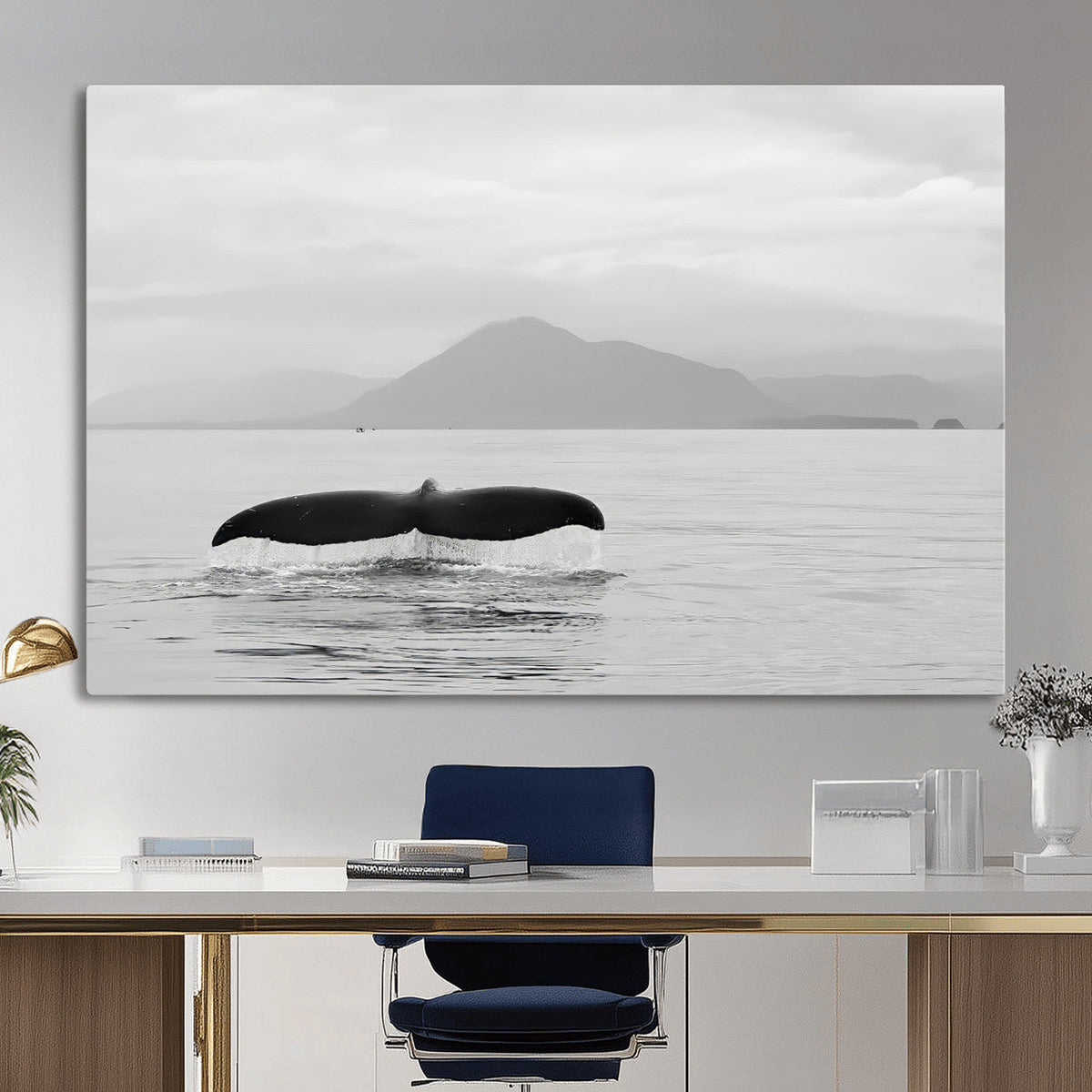 Whale Tail Wall Art | Framed Black White Ocean Canvas