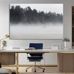 Surfer Fog Wall Art Canvas Print, Framed Foggy Beach and Coastal Surf Scene