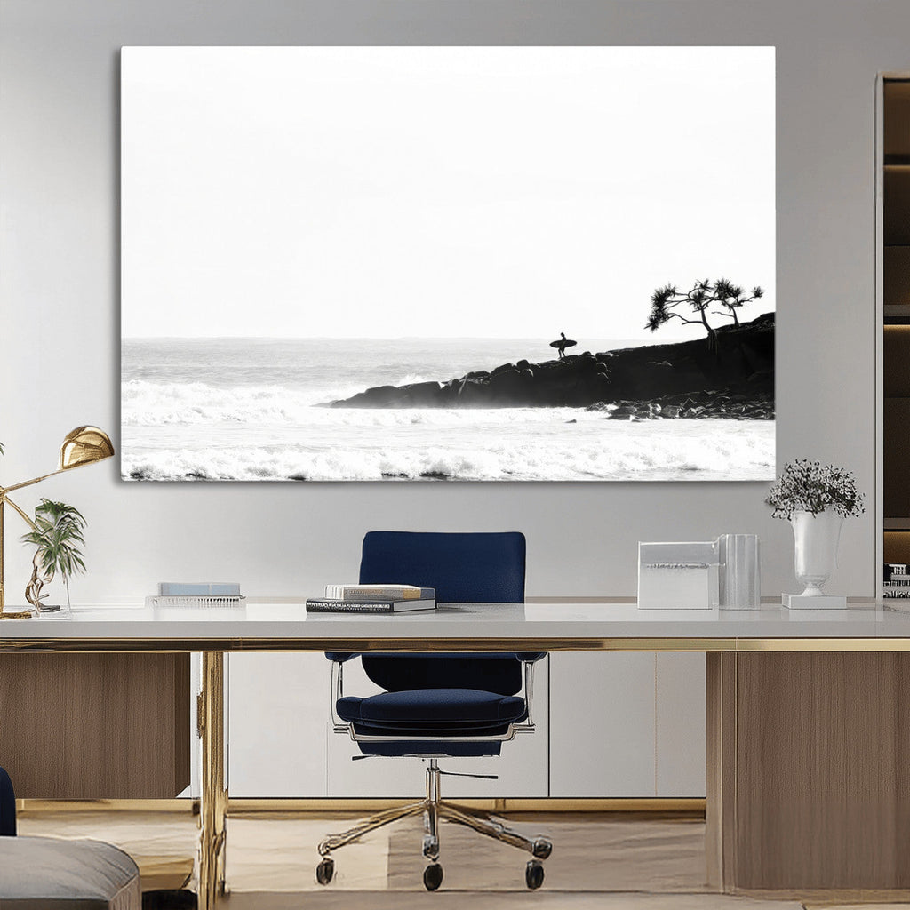 Surfer Cliffs Wall Art Canvas Print, Framed Black White Beach and Ocean Waves