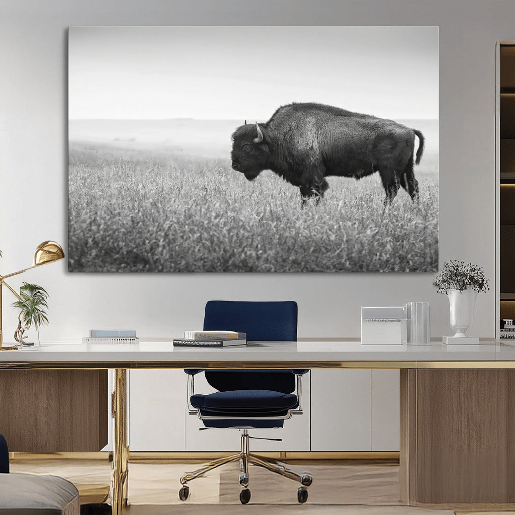 Bison Wall Art Canvas Print, Framed Rustic Wildlife Scene with Wild Buffalo