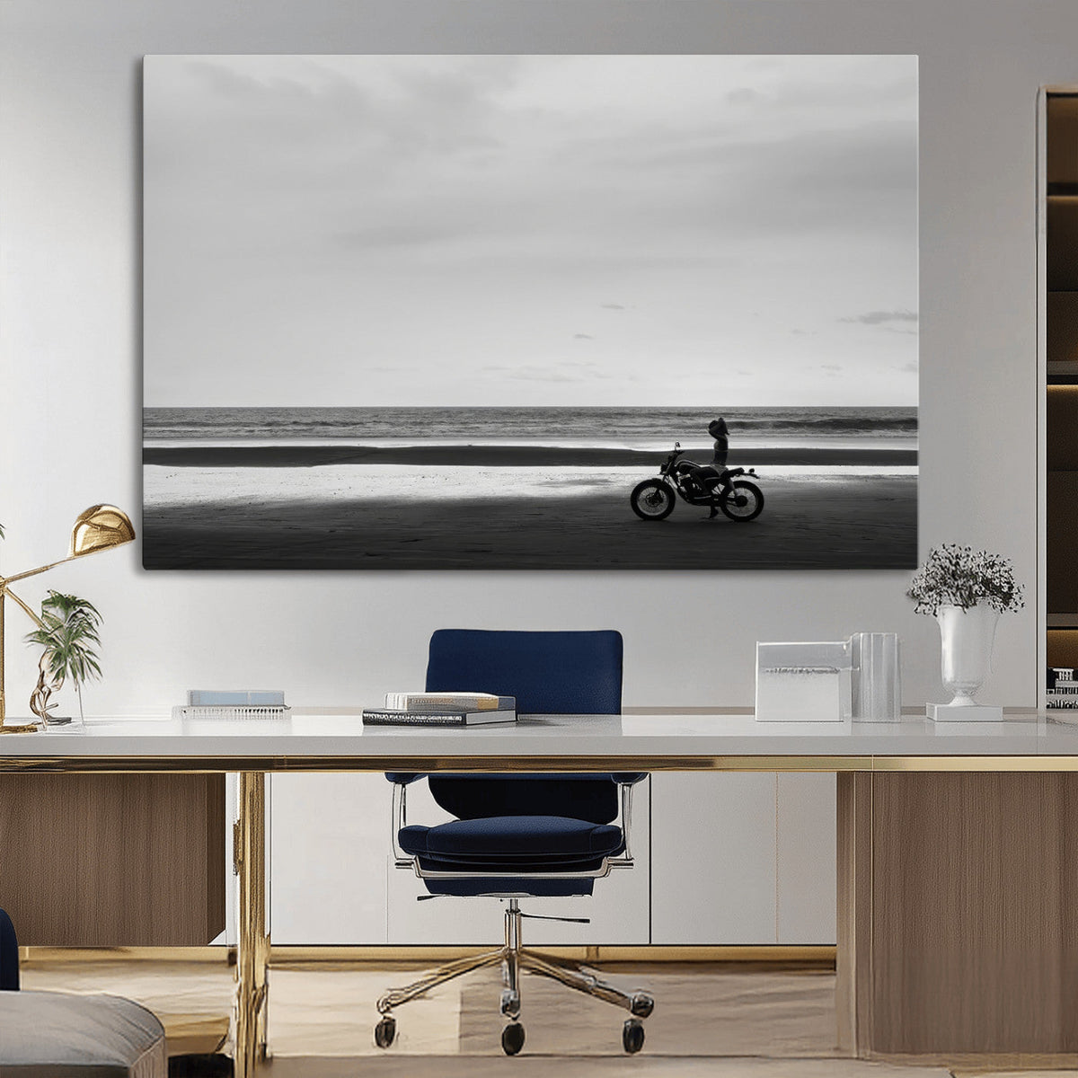 Motorcycle Beach Wall Art Canvas Print, Framed Vintage Motorcycle and Biker Silhouette