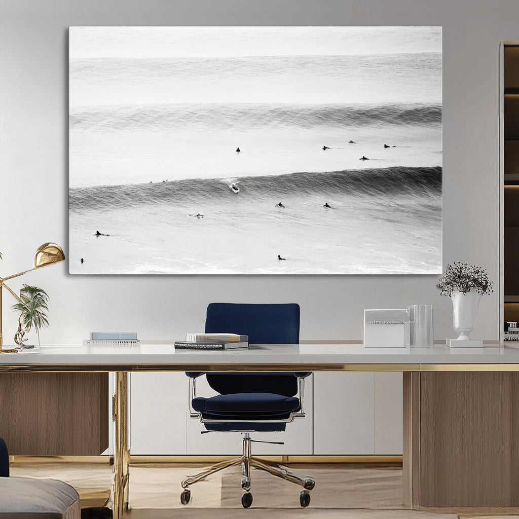 Black White Ocean Wall Art Canvas Print, Framed Coastal Sport and Ocean Swimmers Scene