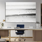 Black White Ocean Wall Art Canvas Print, Framed Coastal Sport and Ocean Swimmers Scene