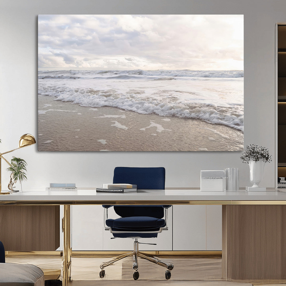 Ocean Waves Wall Art Canvas Print, Framed Coastal Shoreline Sea Foam Artwork