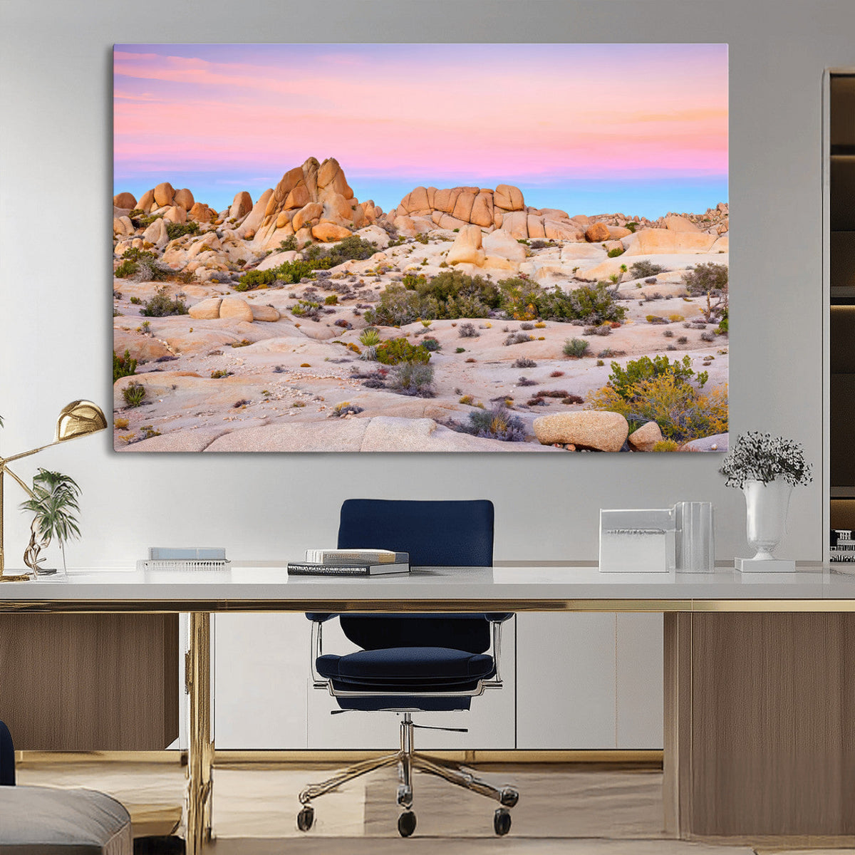 Vibrant Sunset Sky Wall Art Canvas Print, Framed Joshua Tree Desert Artwork