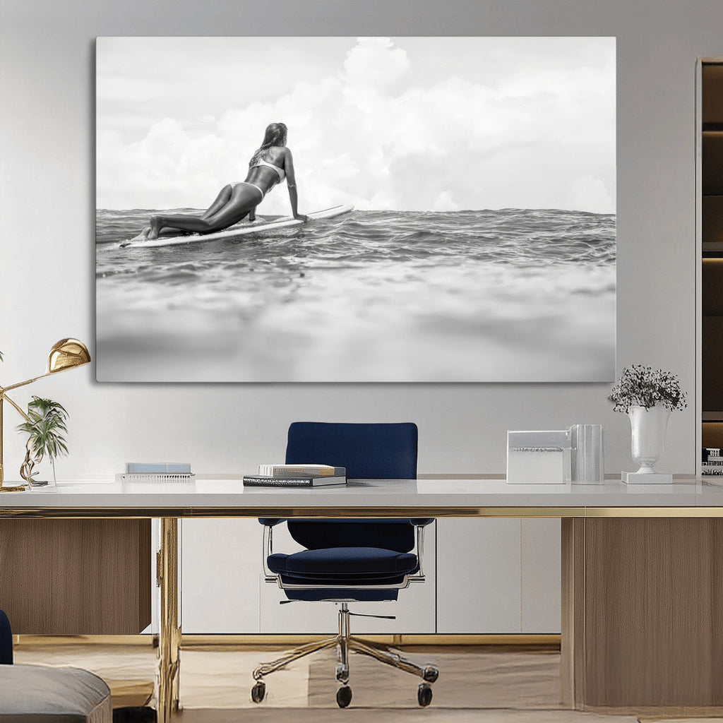 Black and White Surfing Wall Art Canvas Print, Framed Ocean Horizon Surfer Girl