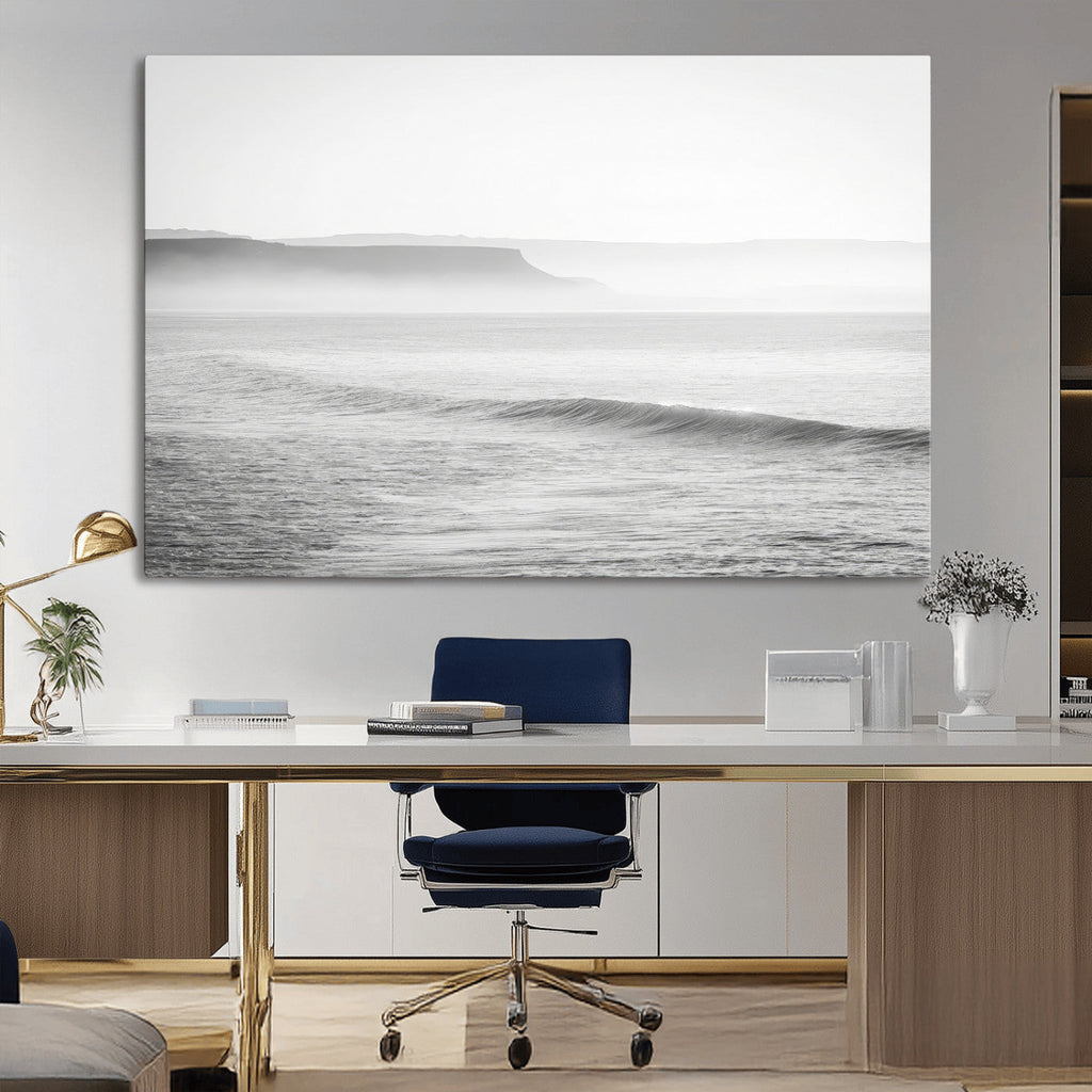 Black and White Seascape Wall Art Canvas Print, Framed Misty Ocean Waves