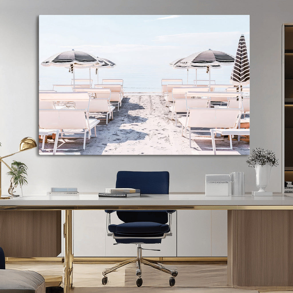 Minimalist Beach Wall Art Canvas Print, Framed Pastel Sand and Striped Umbrella Artwork