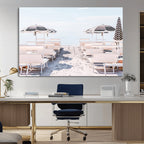Minimalist Beach Wall Art Canvas Print, Framed Pastel Sand and Striped Umbrella Artwork