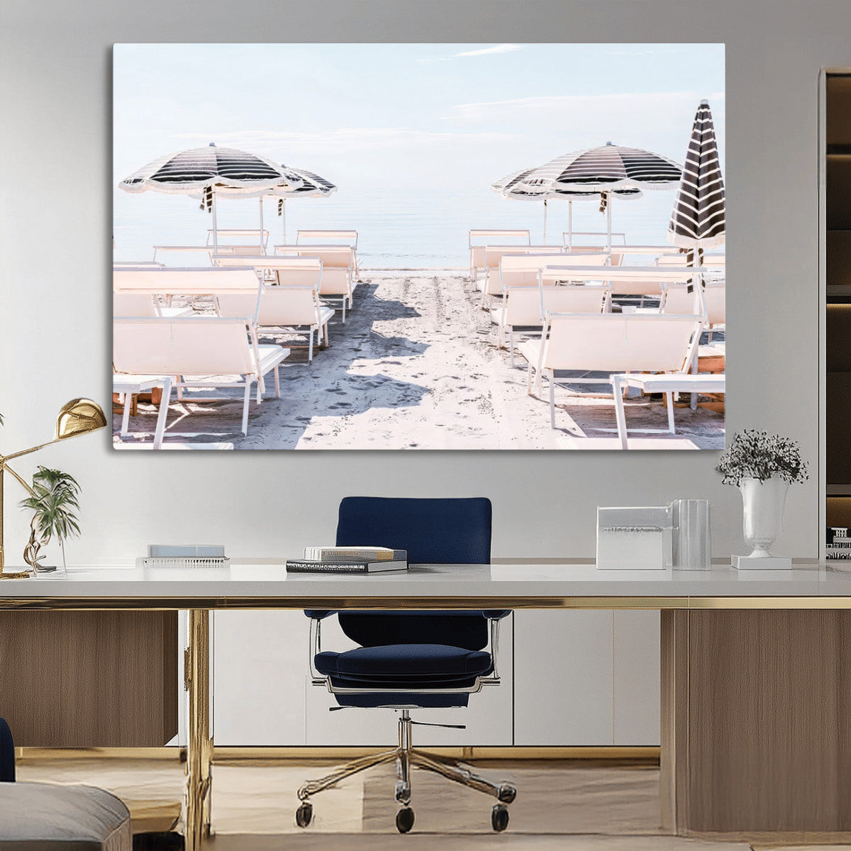 Minimalist Beach Wall Art Canvas Print, Framed Pastel Sand and Striped Umbrella Artwork
