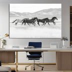 Wild Horses Running Wall Art Canvas Print, Framed Black White Mustangs Artwork