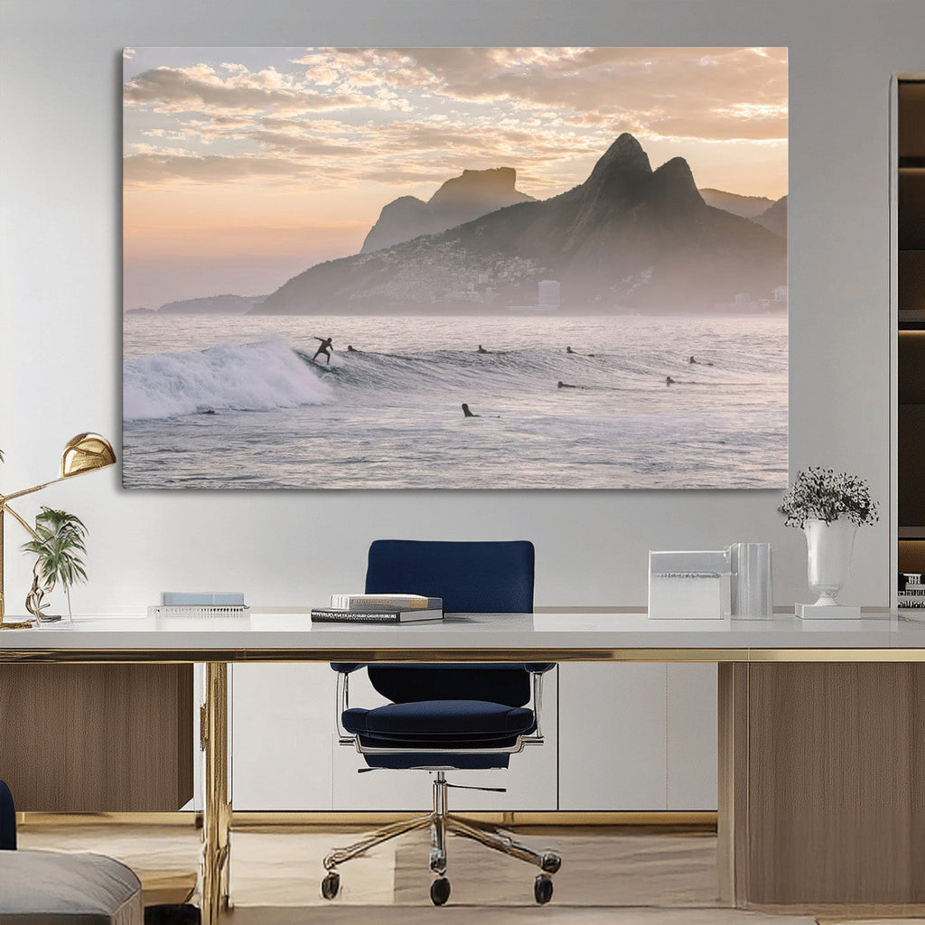 Sunset Surfing Wall Art Canvas Print, Framed Misty Mountains and Surfer Riding a Wave