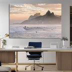 Sunset Surfing Wall Art Canvas Print, Framed Misty Mountains and Surfer Riding a Wave