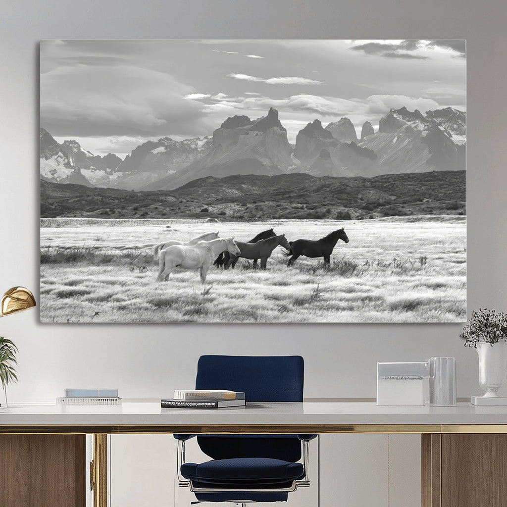 Wild Horses Wall Art | Framed Black White Mountain Canvas