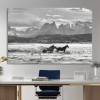 Wild Horses Wall Art | Framed Black White Mountain Canvas