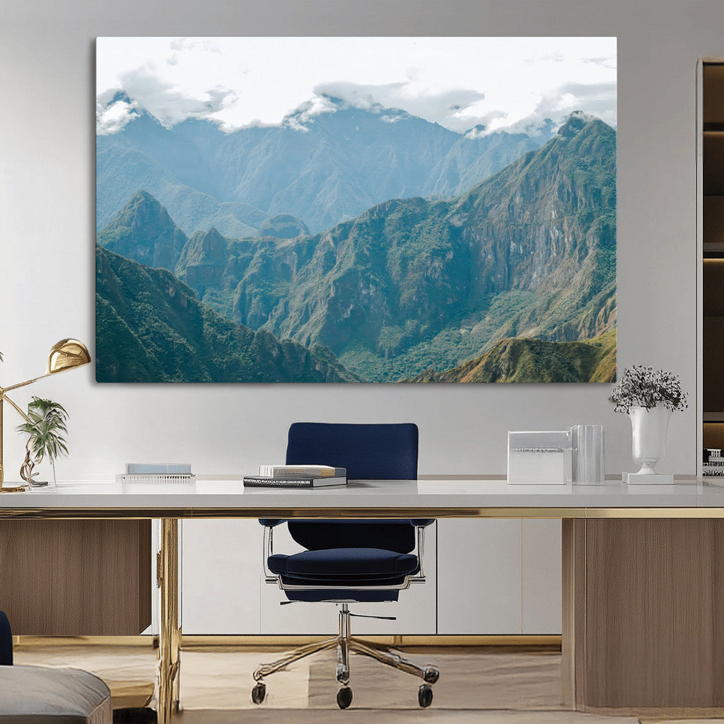 Misty Mountain Wall Art Canvas Print, Framed Cloudy Andean Art, Rugged Mountain Landscape