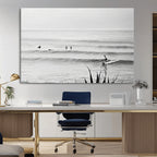 Surfer Silhouette Wall Art Canvas Print, Framed Calm Ocean Monochrome Surf