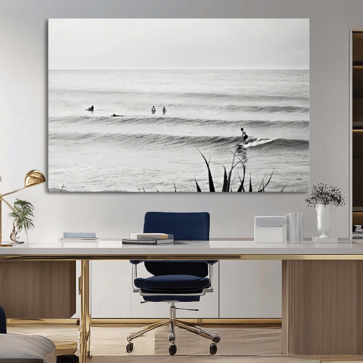Surfer Silhouette Wall Art Canvas Print, Framed Calm Ocean Monochrome Surf