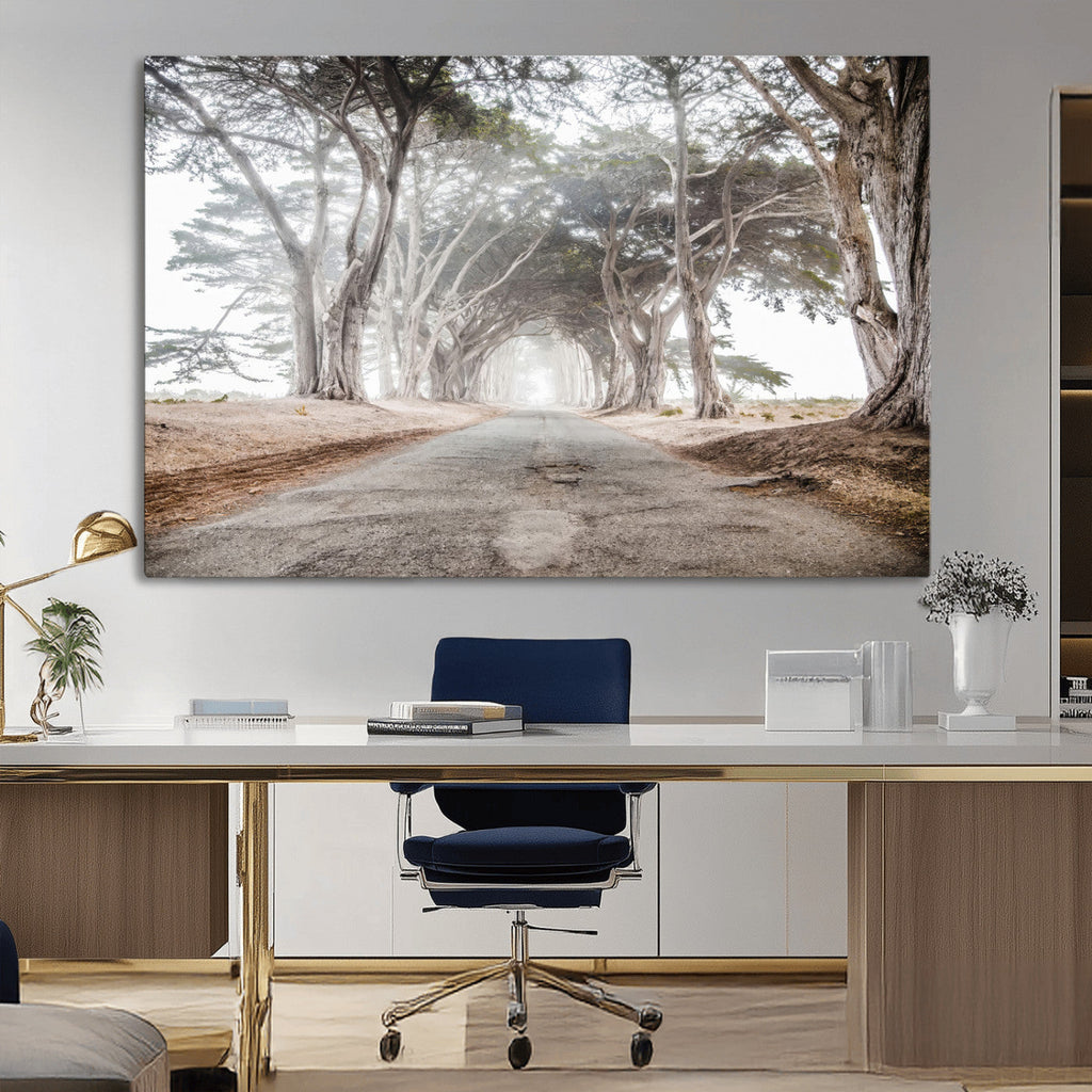 Cypress Tunnel Wall Art | Framed Misty Road Canvas Artwork
