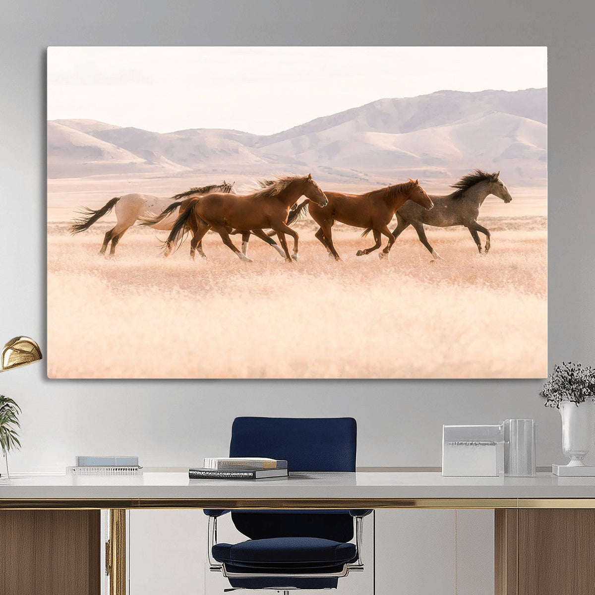 Wild Horse Wall Art Canvas Print, Framed Rustic Western Art, Desert Horse Scene