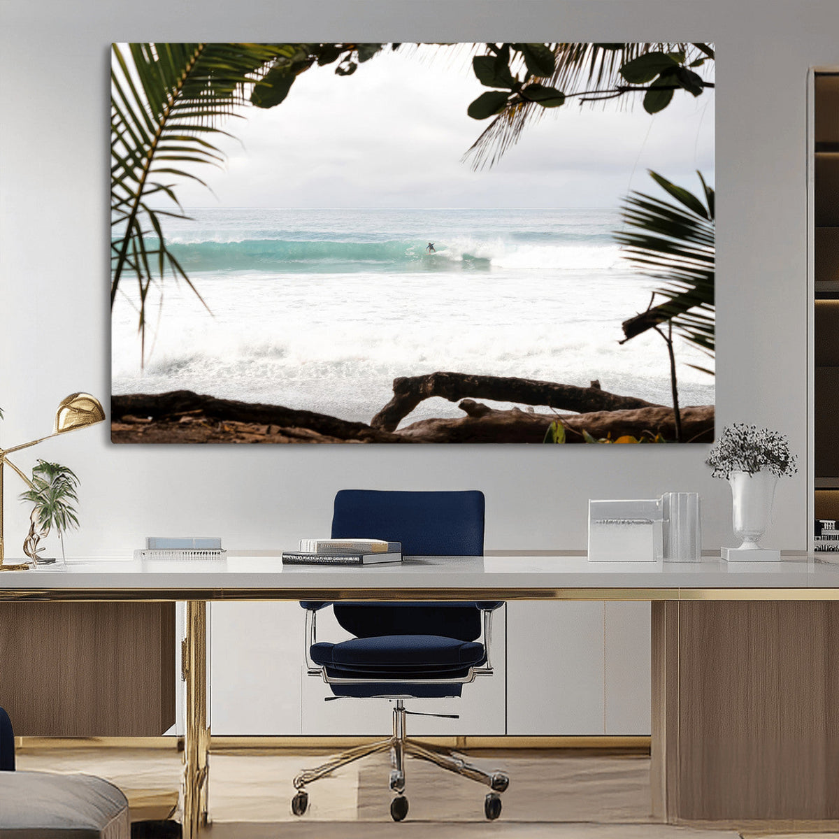 Tropical Surf Wall Art Canvas Print, Framed Palm Tree View Art, Boho Beach House Decor