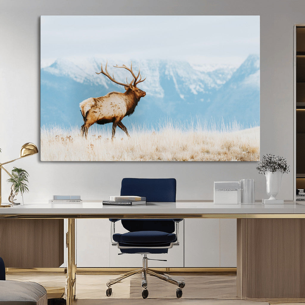 Mountain Elk Wall Art Canvas Print, Framed Rustic Wildlife Art, Lodge Style Decor