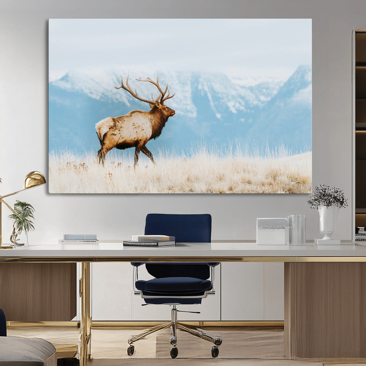 Mountain Elk Wall Art Canvas Print, Framed Rustic Wildlife Art, Lodge Style Decor