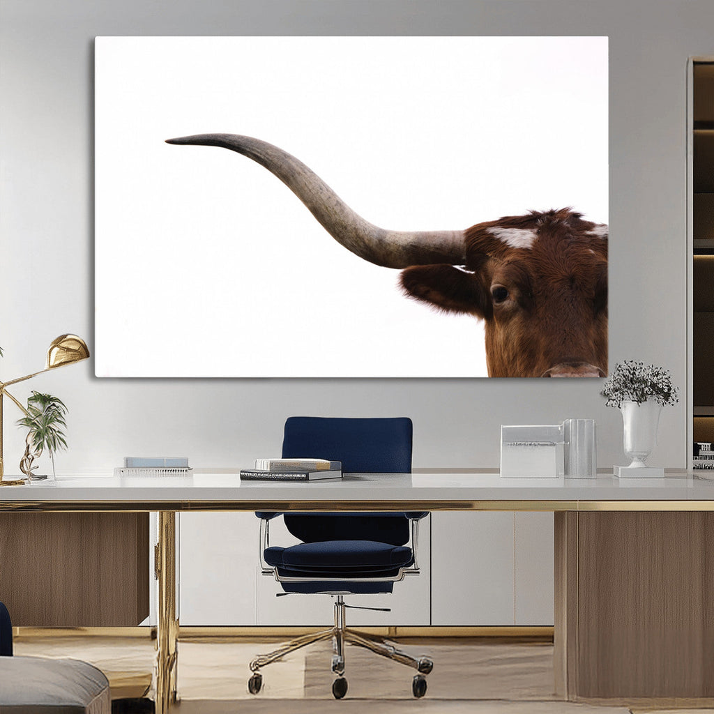 Texas Longhorn Wall Art Canvas Print, Framed Minimalist Cow Art, Ranch Style Decor