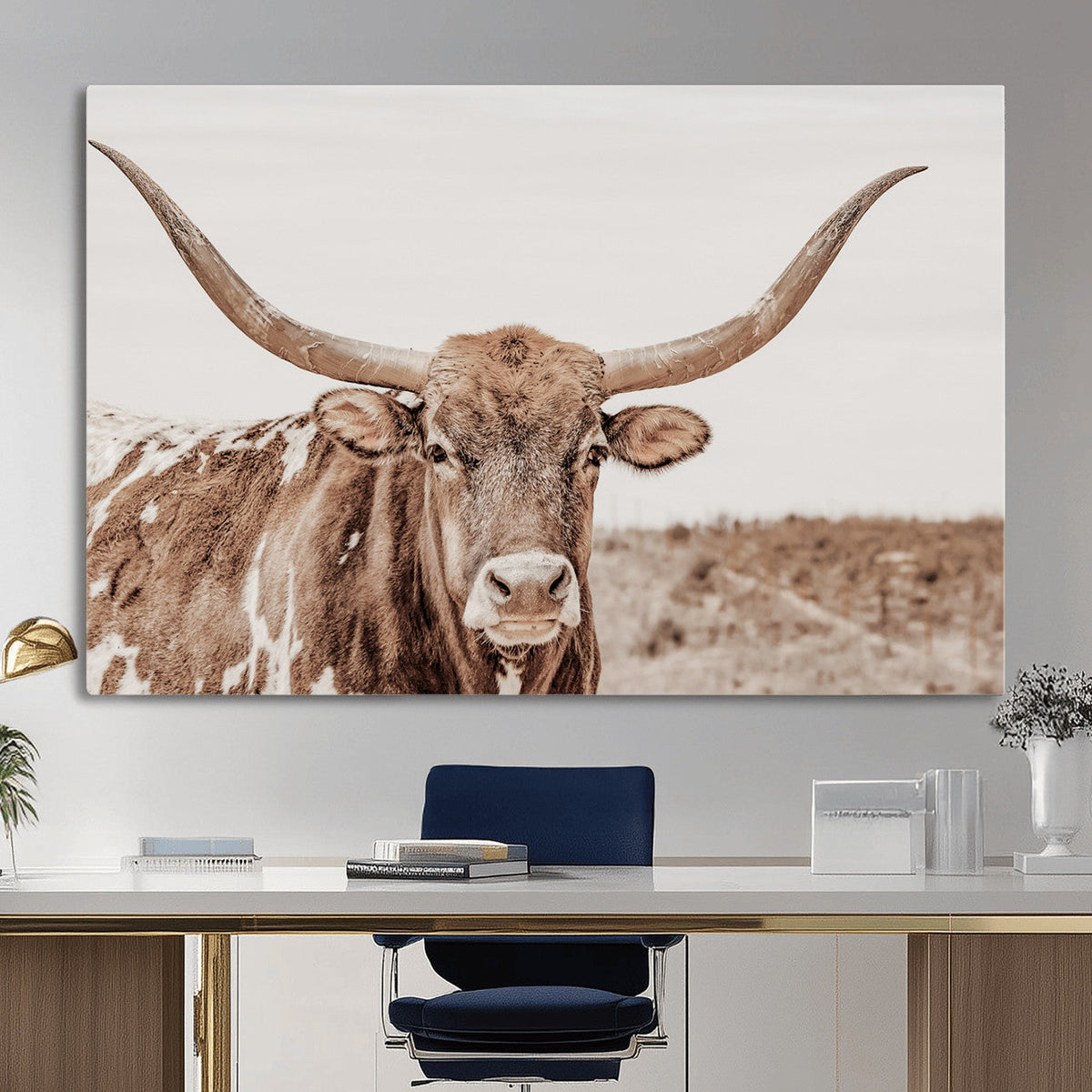 Longhorn Cow Wall Art Canvas Print, Framed Texas Ranch Print, Western Bull Art, Cowboy Decor