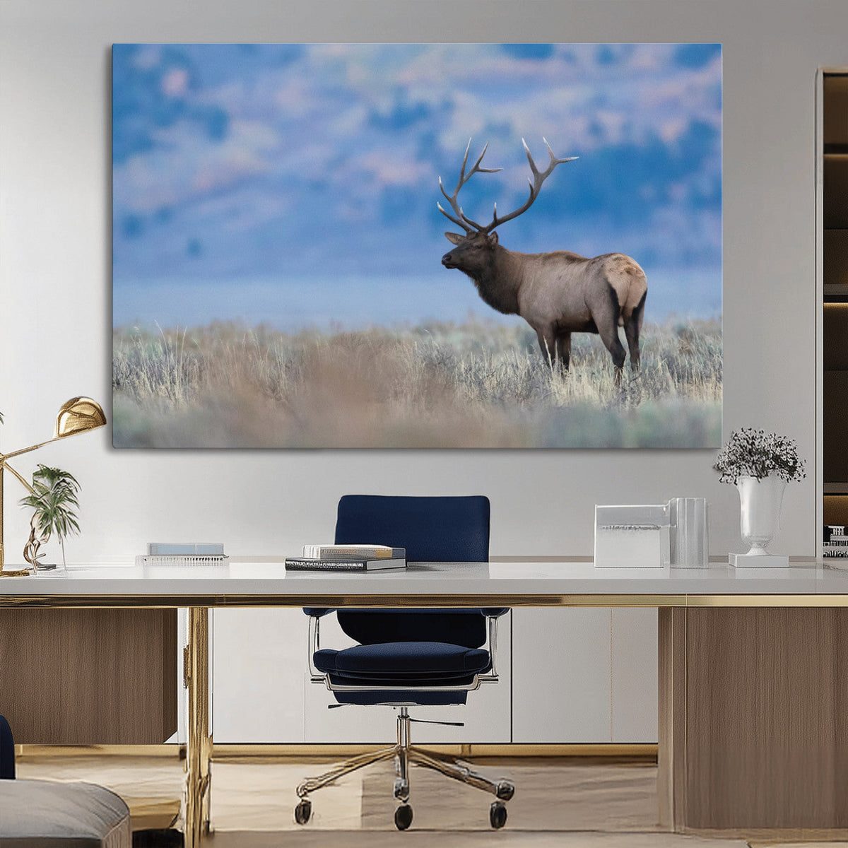 Elk Wall Decor Canvas Print, Framed Rustic Wildlife Art, Mountain Elk Landscape