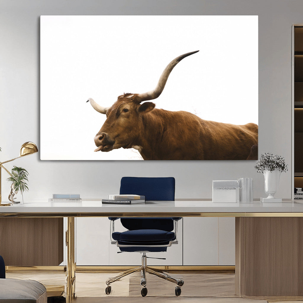 Longhorn Cow Wall Art Canvas Print, Framed Rustic Texas Bull Animal Decor